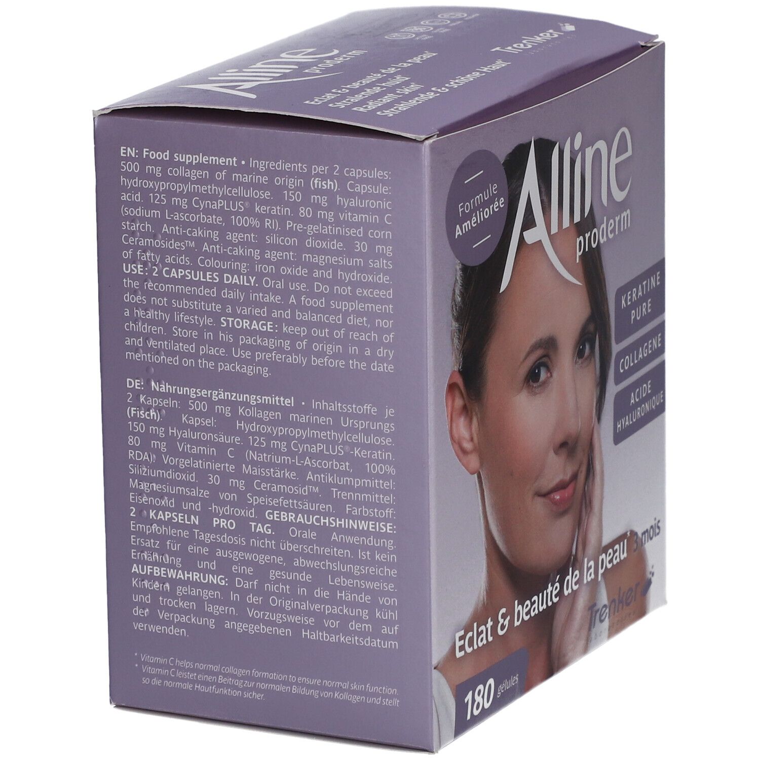 Dos de la boîte Alline Proderm. Contient des informations sur les ingrédients et l'utilisation. 180 gélules.