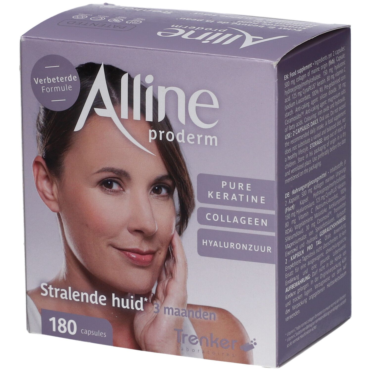 Boîte Alline Proderm. Contient 180 gélules. Les mots kératine, collagène et acide hyaluronique sont visibles sur l'emballage.