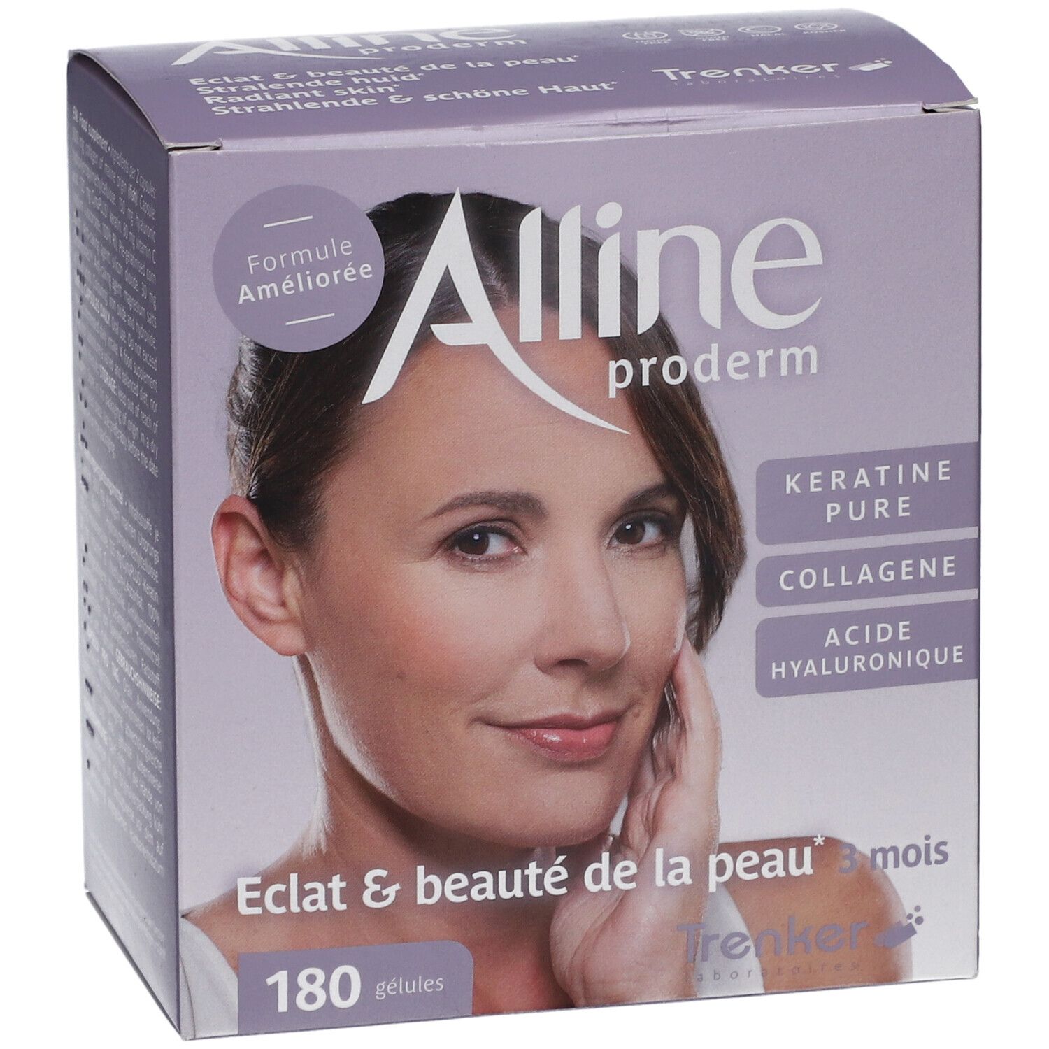 Boîte Alline Proderm. Contient 180 gélules. Les mots kératine, collagène et acide hyaluronique sont visibles sur l'emballage.