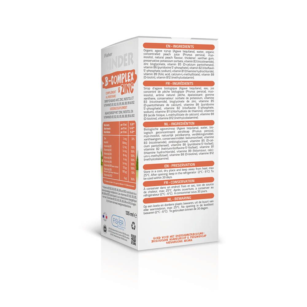 Rückseite der Fischer KINDER B-COMPLEX-Verpackung. Enthält Informationen zu Inhaltsstoffen und Lagerung.