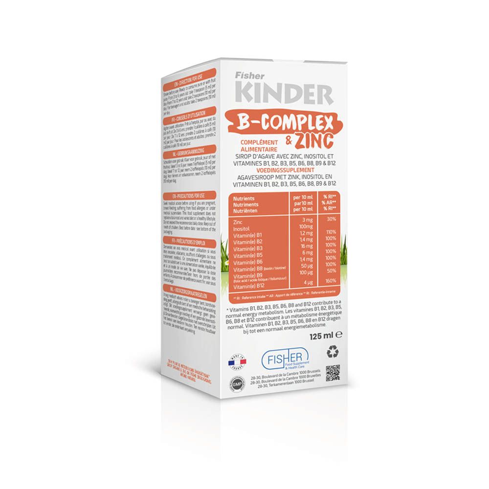 Seite der Fischer KINDER B-COMPLEX-Verpackung. Enthält Nährwertangaben und Volumen.