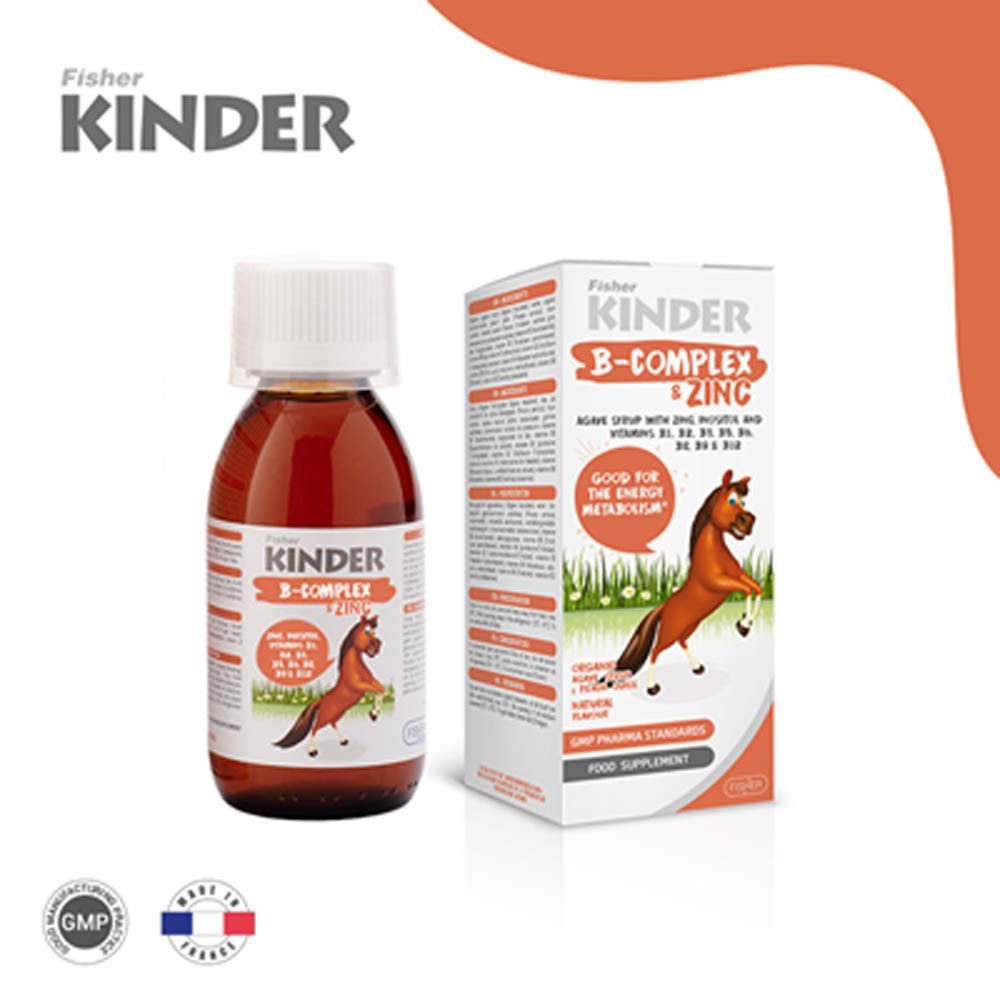 Flasche und Verpackung von Fischer KINDER B-COMPLEX. Braune Flüssigkeit. Mit einem springenden Pferd.