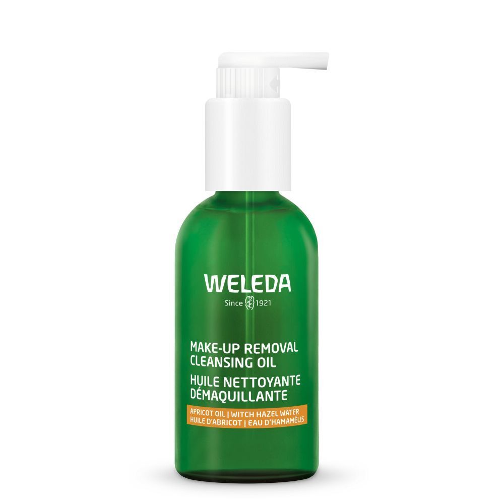 Grüne Flasche mit weißem Pumpkopf. Aufschrift: WELEDA, MAKE-UP REMOVAL CLEANSING OIL, HUILE NETTOYANTE DÉMAQUILLANTE.