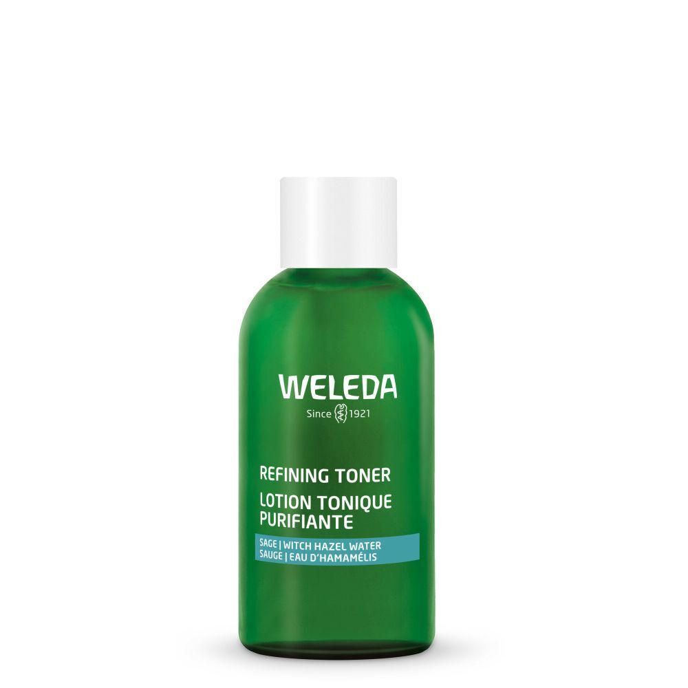 Grüne Flasche mit weißem Deckel. Aufschrift: WELEDA, REFINING TONER, LOTION TONIQUE PURIFIANTE. Inhaltsstoffe: Salbei, Hamameliswasser.