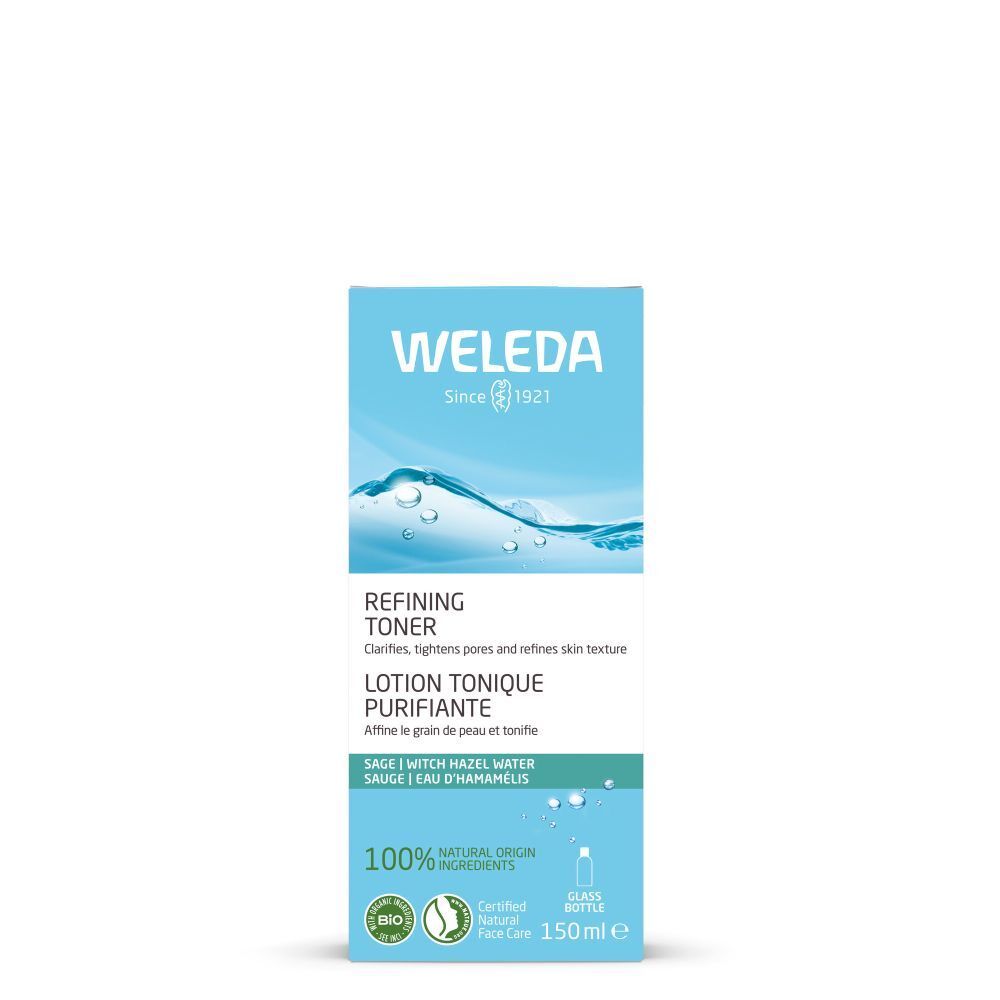 Verpackung mit Aufschrift: WELEDA, REFINING TONER, LOTION TONIQUE PURIFIANTE. 100% Inhaltsstoffe natürlichen Ursprungs. Bio-Zertifizierung.