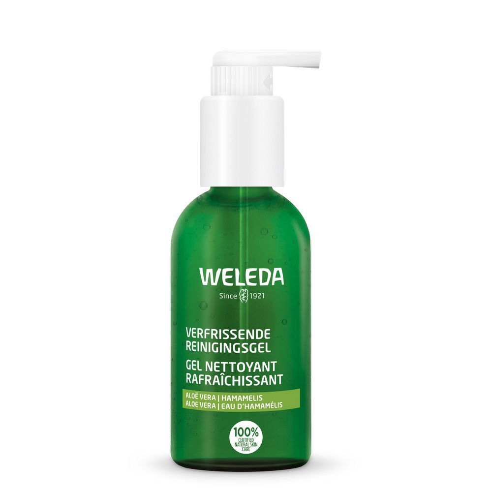 Flacon vert avec pompe blanche. Inscription: WELEDA, GEL NETTOYANT RAFRAÎCHISSANT. Contient de l'aloe vera et de l'hamamélis. Label 100% Natural.