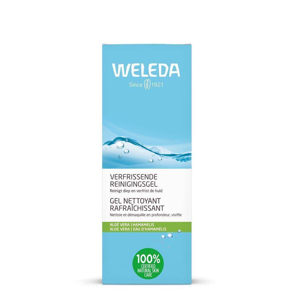 Emballage avec inscription WELEDA, GEL NETTOYANT RAFRAÎCHISSANT. Contient de l'aloe vera et de l'hamamélis. Label 100% Natural Skin Care.