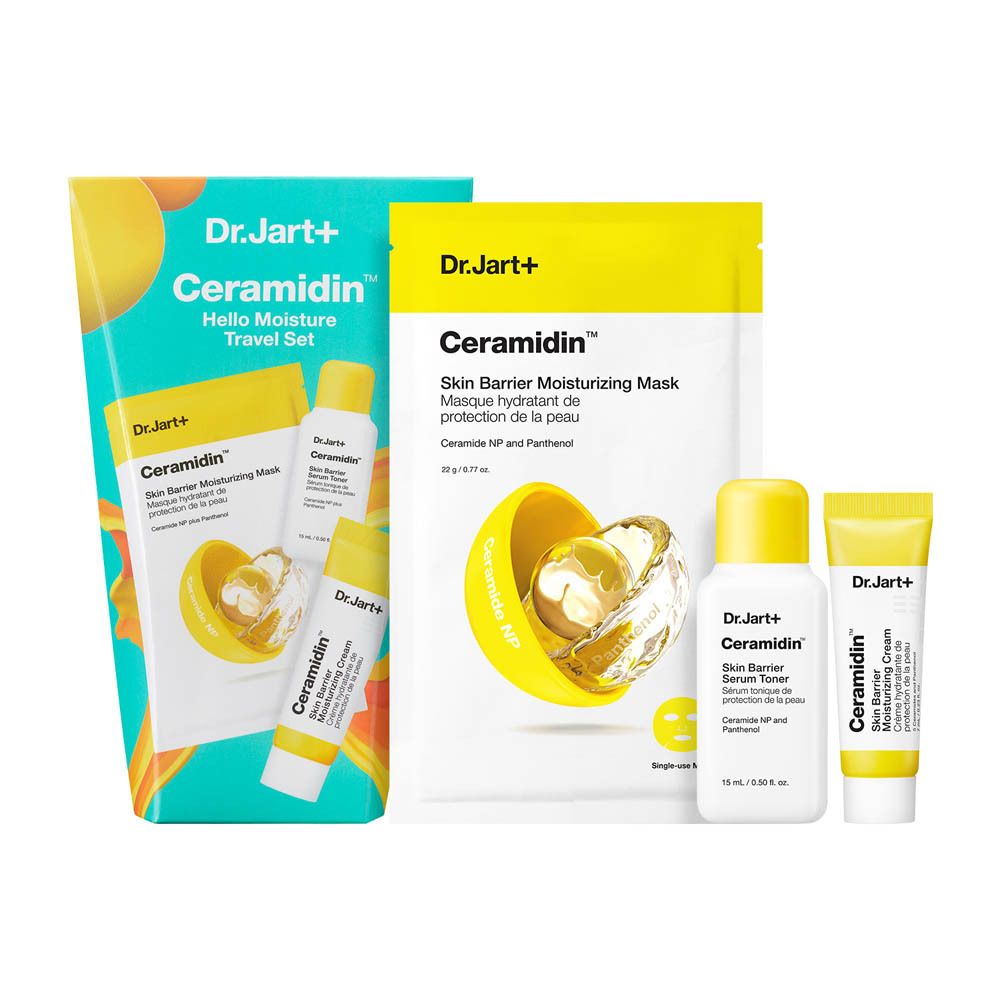 Dr. Jart+ CERAMIDIN™ Hello Moisture Travel Set. Produits : masque, sérum, crème. Design jaune et blanc.