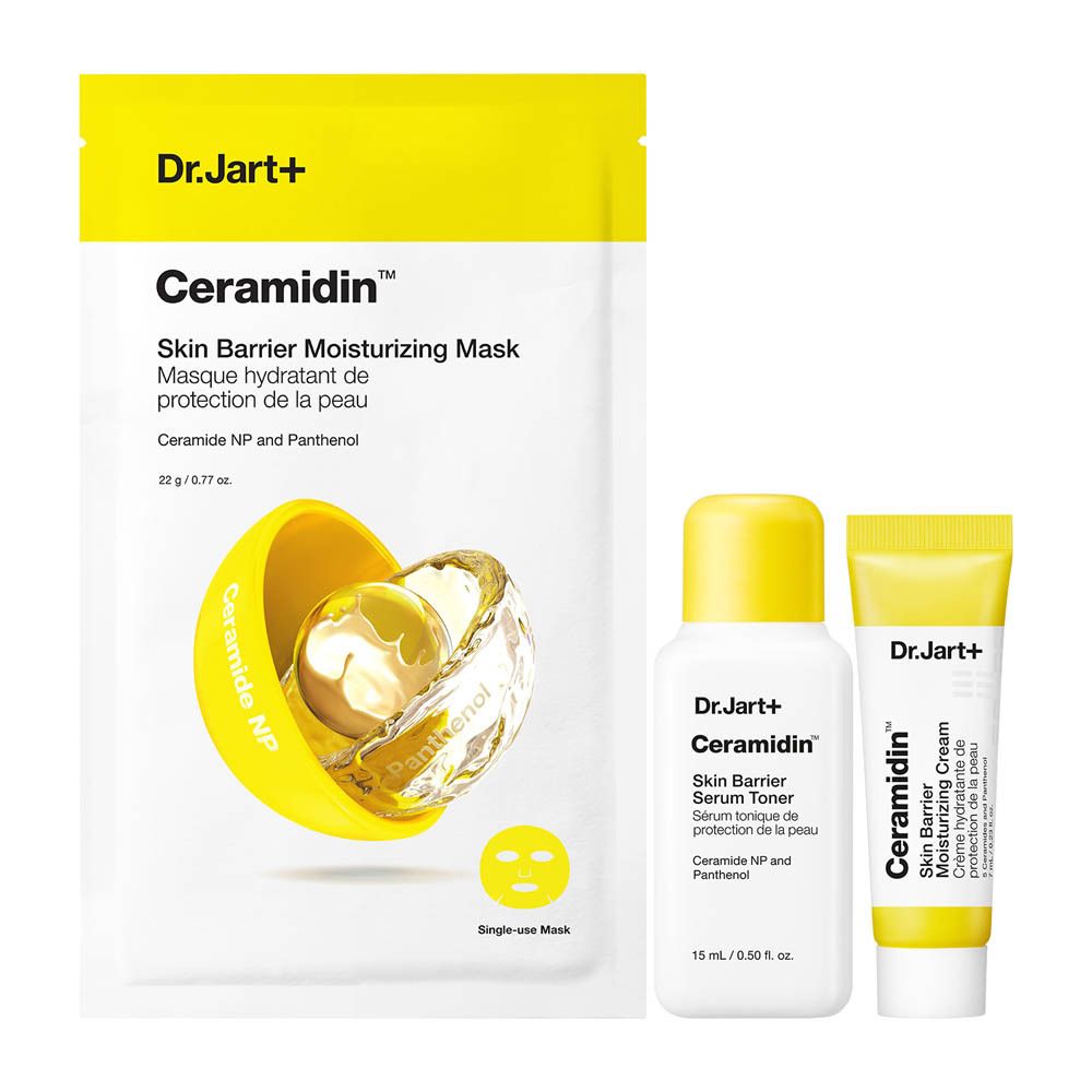 Produits Dr. Jart+ CERAMIDIN™ : masque, sérum, crème. Design jaune et blanc. Emballages individuels.