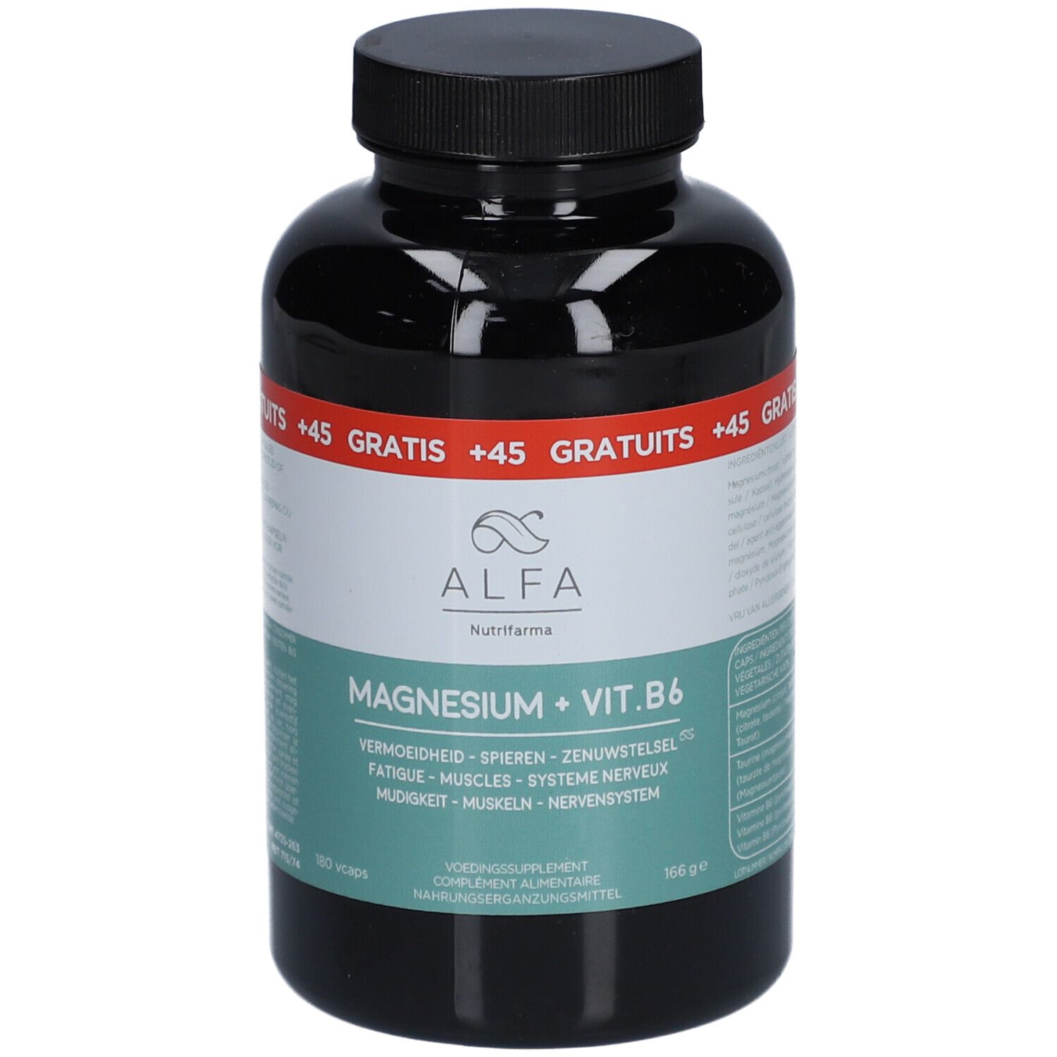 Zwarte fles met ALFA Magnesium + Vit. B6. Opschrift: Magnesium + Vit. B6. Gratis +45 capsules. 160 capsules.