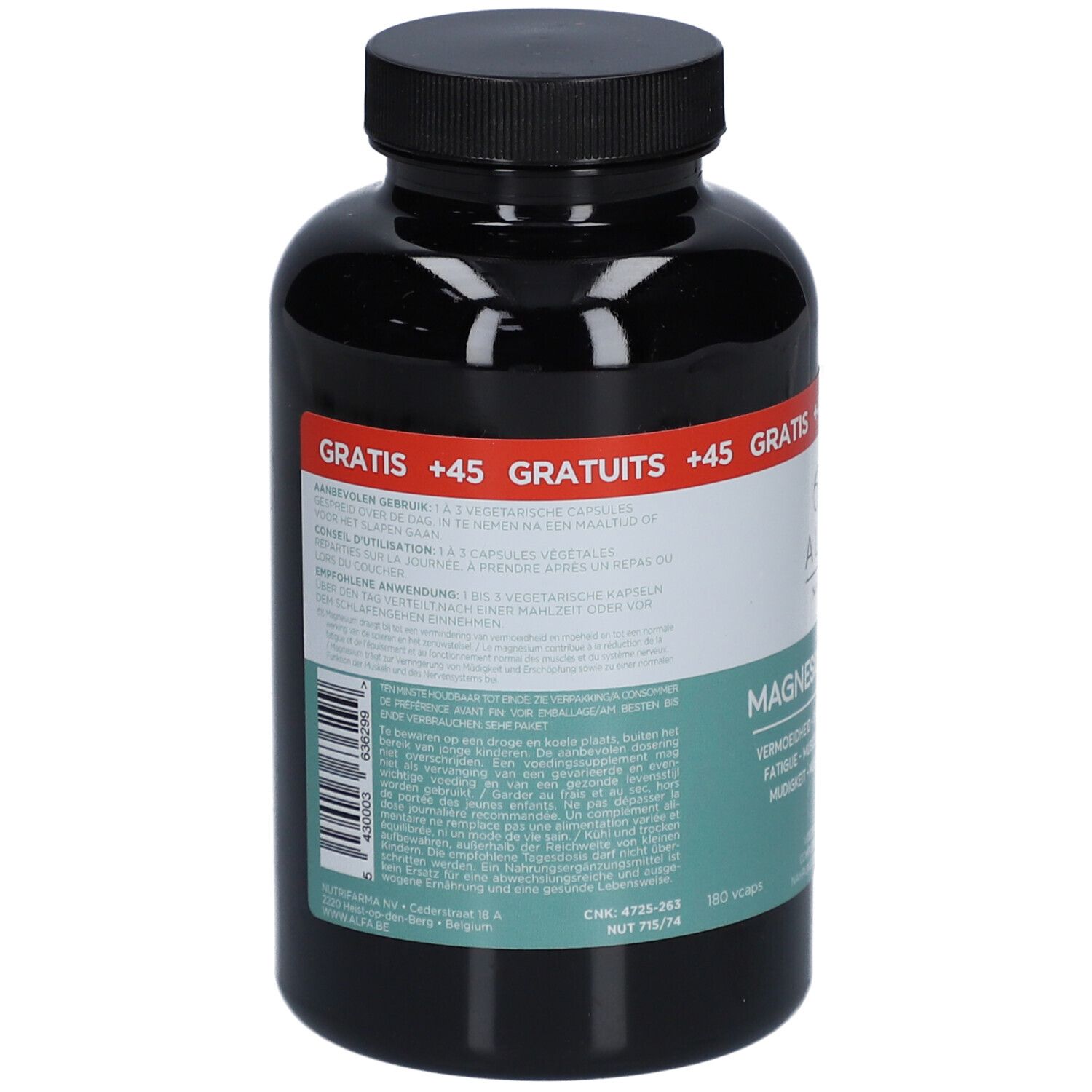 Achterkant van een zwarte fles met ALFA Magnesium + Vit. B6. Tekst: ingrediënten, gebruiksaanwijzing. Gratis +45 capsules.