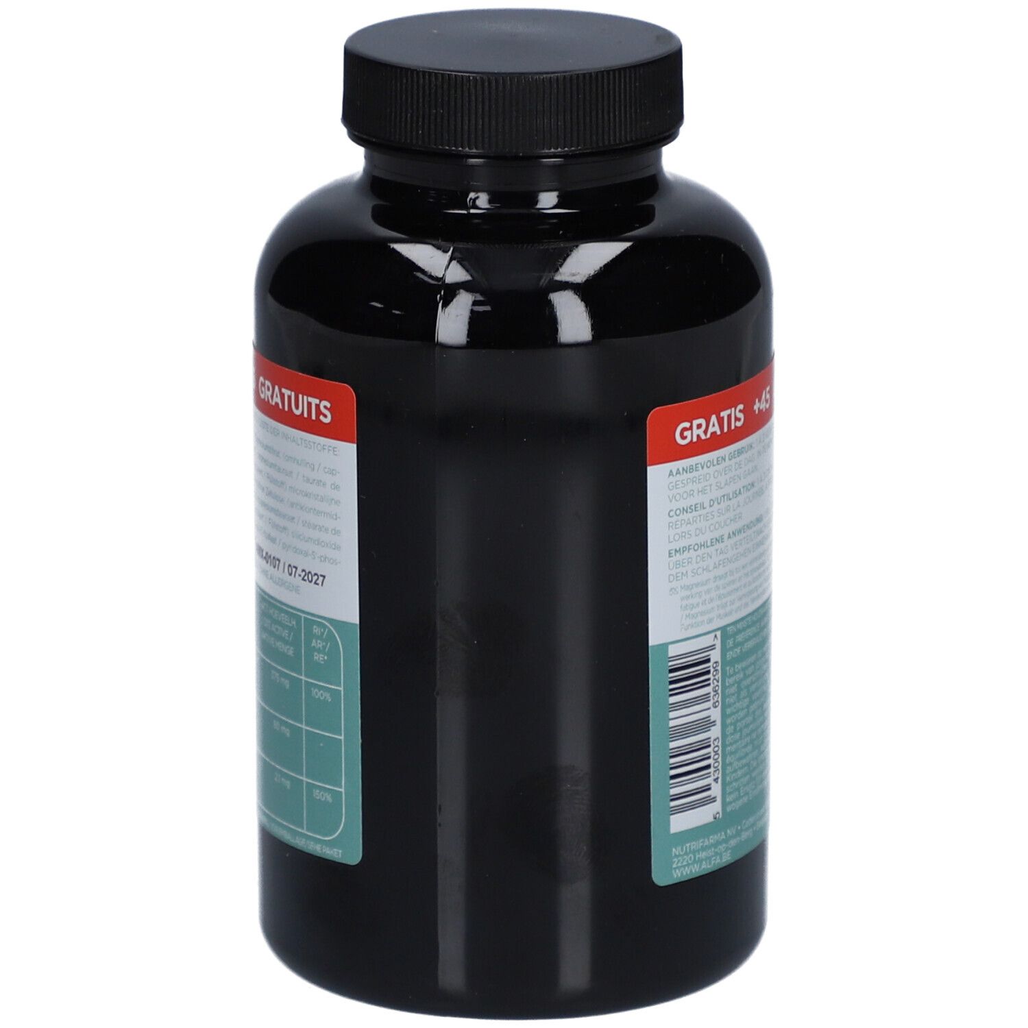 Achteraanzicht van een zwarte fles met ALFA Magnesium + Vit. B6. Opschrift: Gratis +45. Tekst en groen etiket.