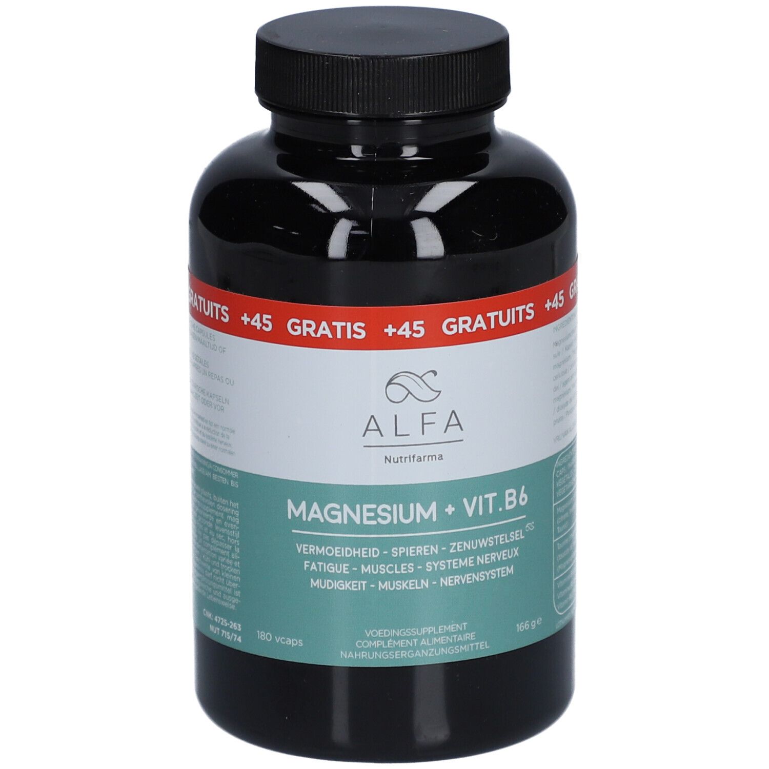 Zwarte fles met ALFA Magnesium + Vit. B6. Opschrift: Magnesium + Vit. B6. Gratis +45 capsules. 160 capsules.