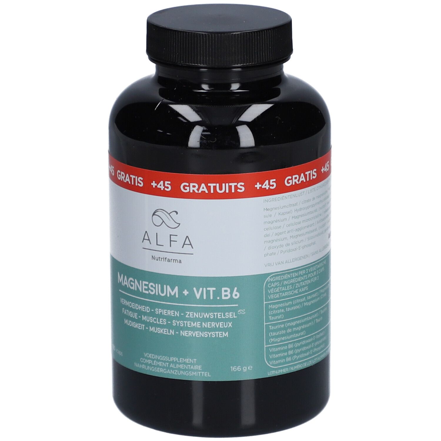 Zwarte fles met ALFA Magnesium + Vit. B6. Opschrift: Magnesium + Vit. B6. Gratis +45 capsules. 160 capsules.