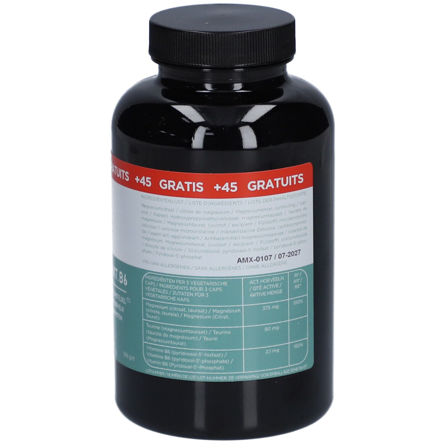 Achterkant van een zwarte fles met ALFA Magnesium + Vit. B6. Tekst: ingrediënten, voedingswaarde. Gratis +45 capsules.