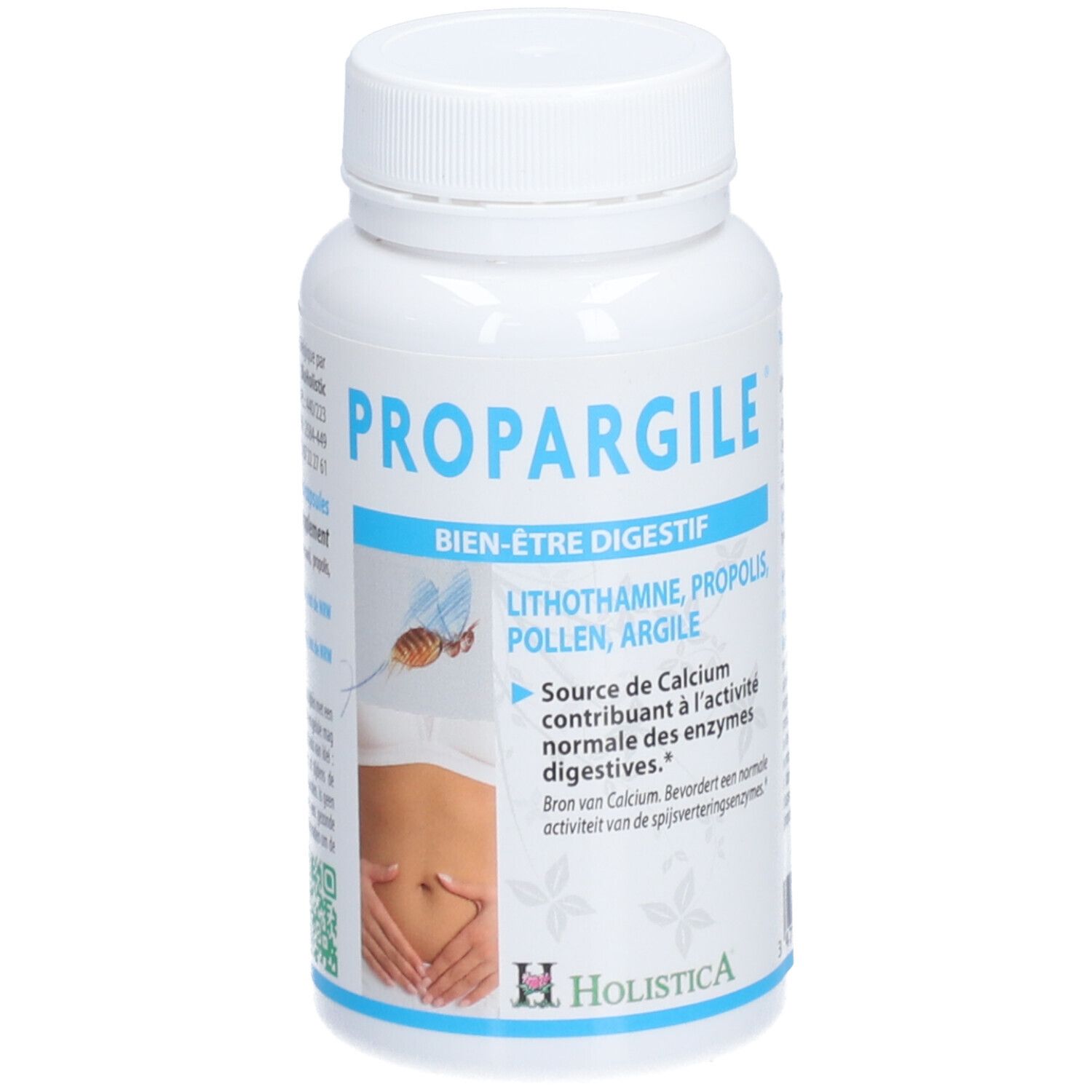 Flacon blanc "Propargile". Texte "Bien-être digestif". Ingrédients et logo "Holistica".