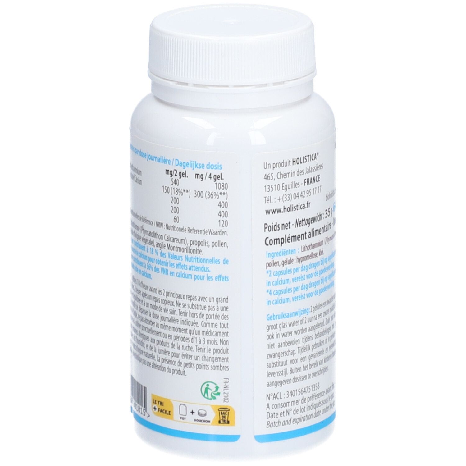 Flacon blanc, dos avec texte. Informations nutritionnelles, ingrédients, logo "Holistica".