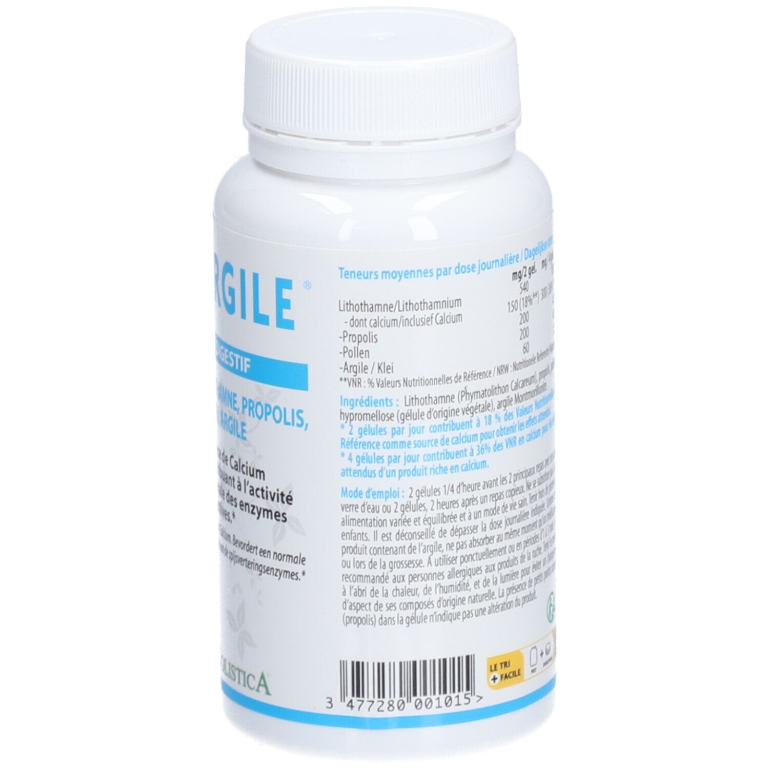 Flacon blanc. Liste des ingrédients, poids net 35g, 64 gélules. Logo "Holistica".