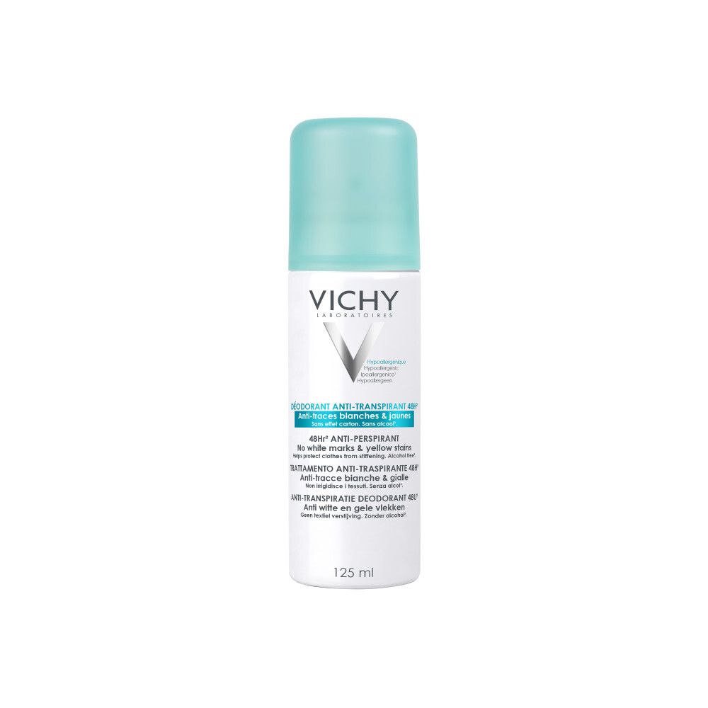 Vichy Anti-Transpirant Déodorant 48H. Bouteille blanche avec bouchon bleu. Inscriptions et logo du produit.