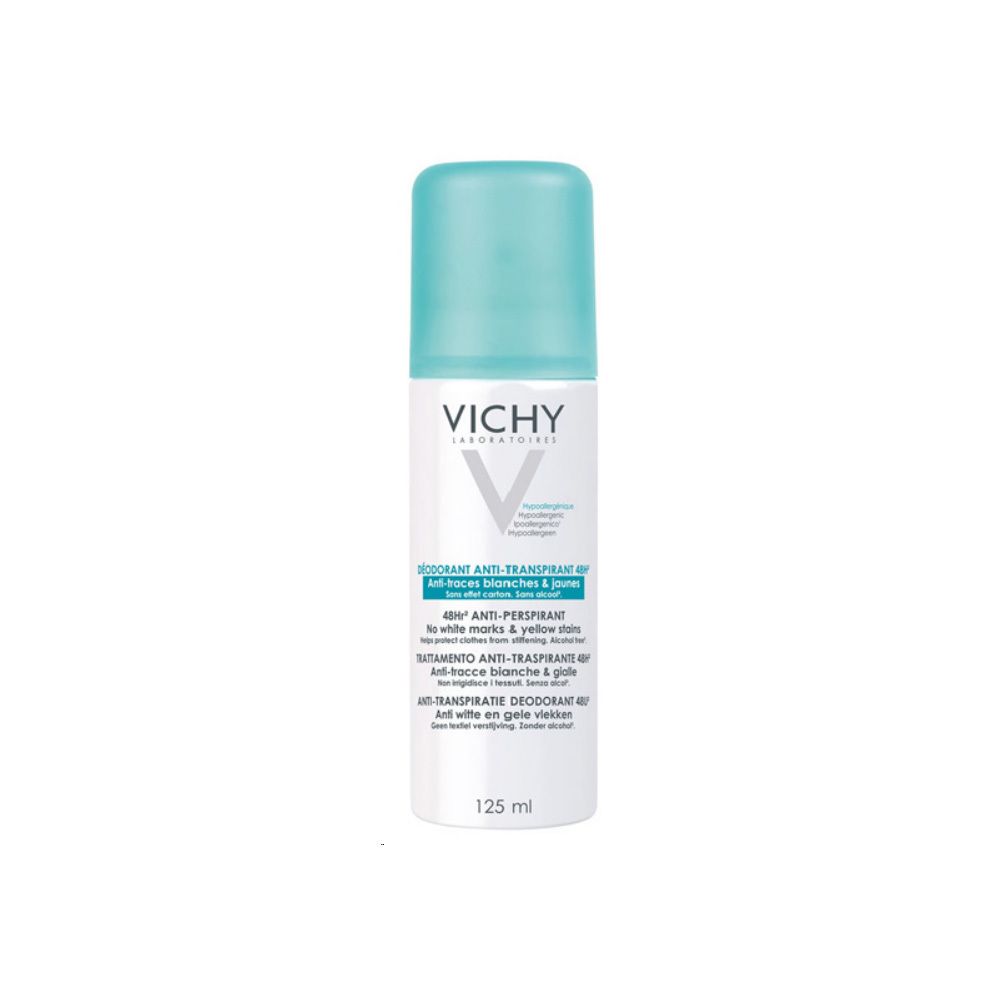 Vichy Anti-Transpirant Déodorant 48H. Bouteille blanche avec bouchon bleu. Inscriptions et logo du produit.