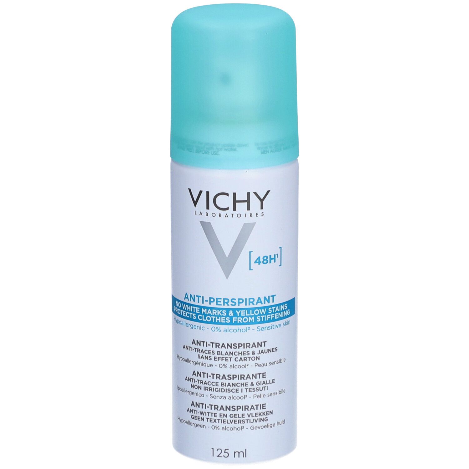 Vichy Anti-Transpirant Déodorant 48H. Bouteille blanche avec bouchon bleu. Inscriptions et logo du produit.