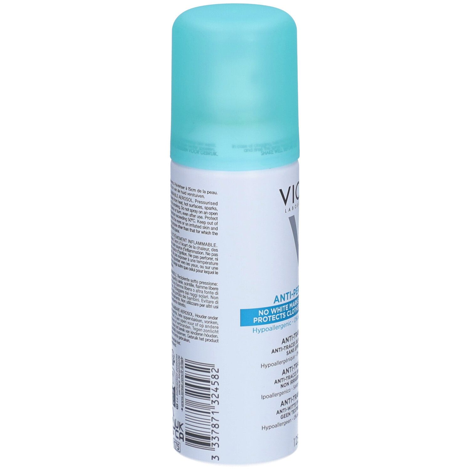 Dos de la bouteille Vichy Anti-Transpirant Déodorant 48H. Informations produit et code-barres.
