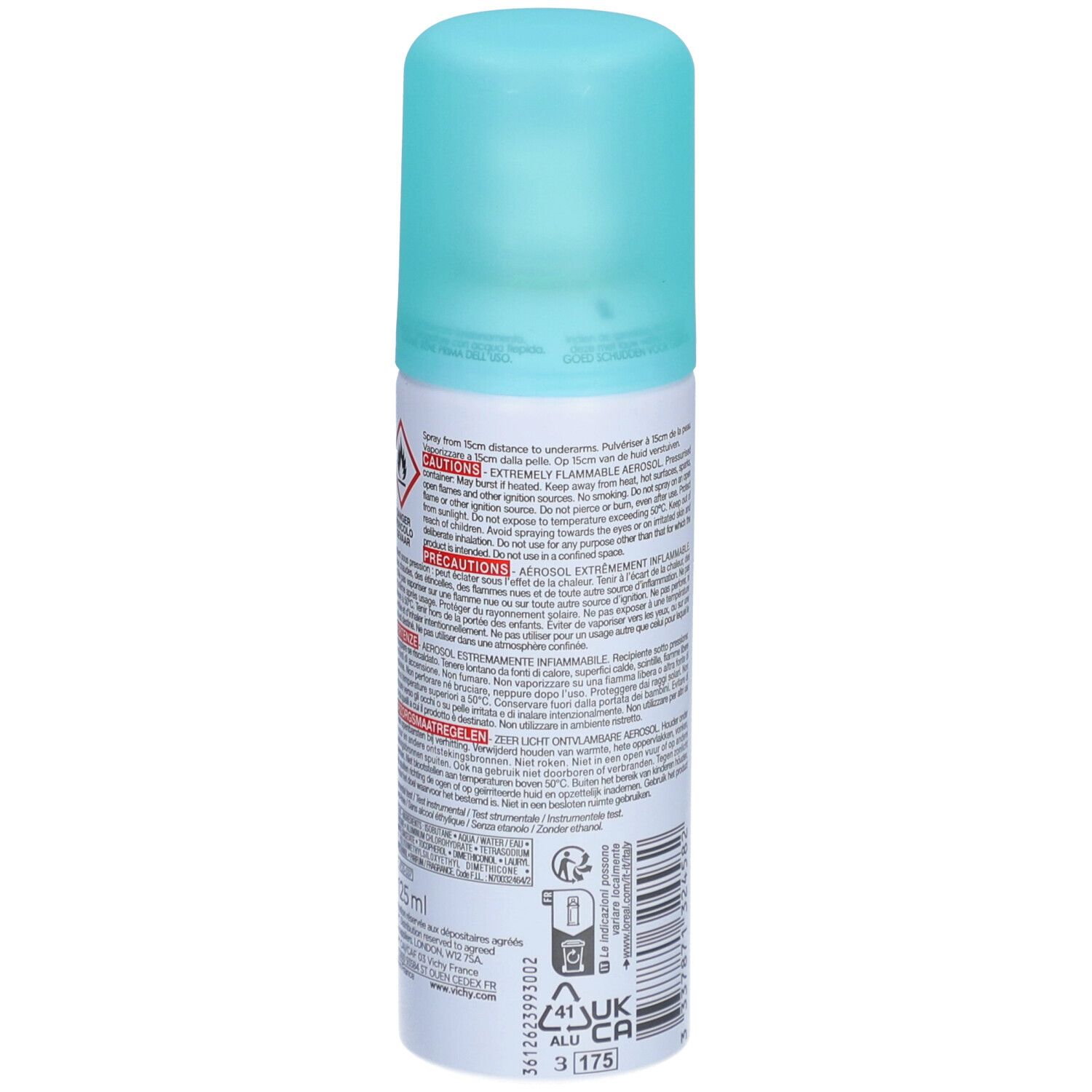 Dos de la bouteille Vichy Anti-Transpirant Déodorant 48H. Avertissements et informations produit.