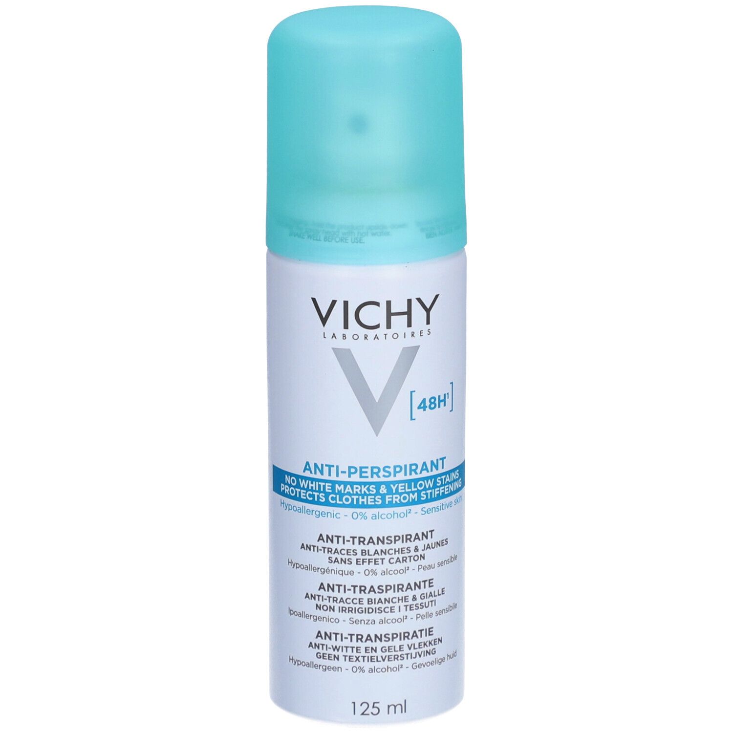 Vichy Anti-Transpirant Déodorant 48H. Bouteille blanche avec bouchon bleu. Inscriptions et logo du produit.