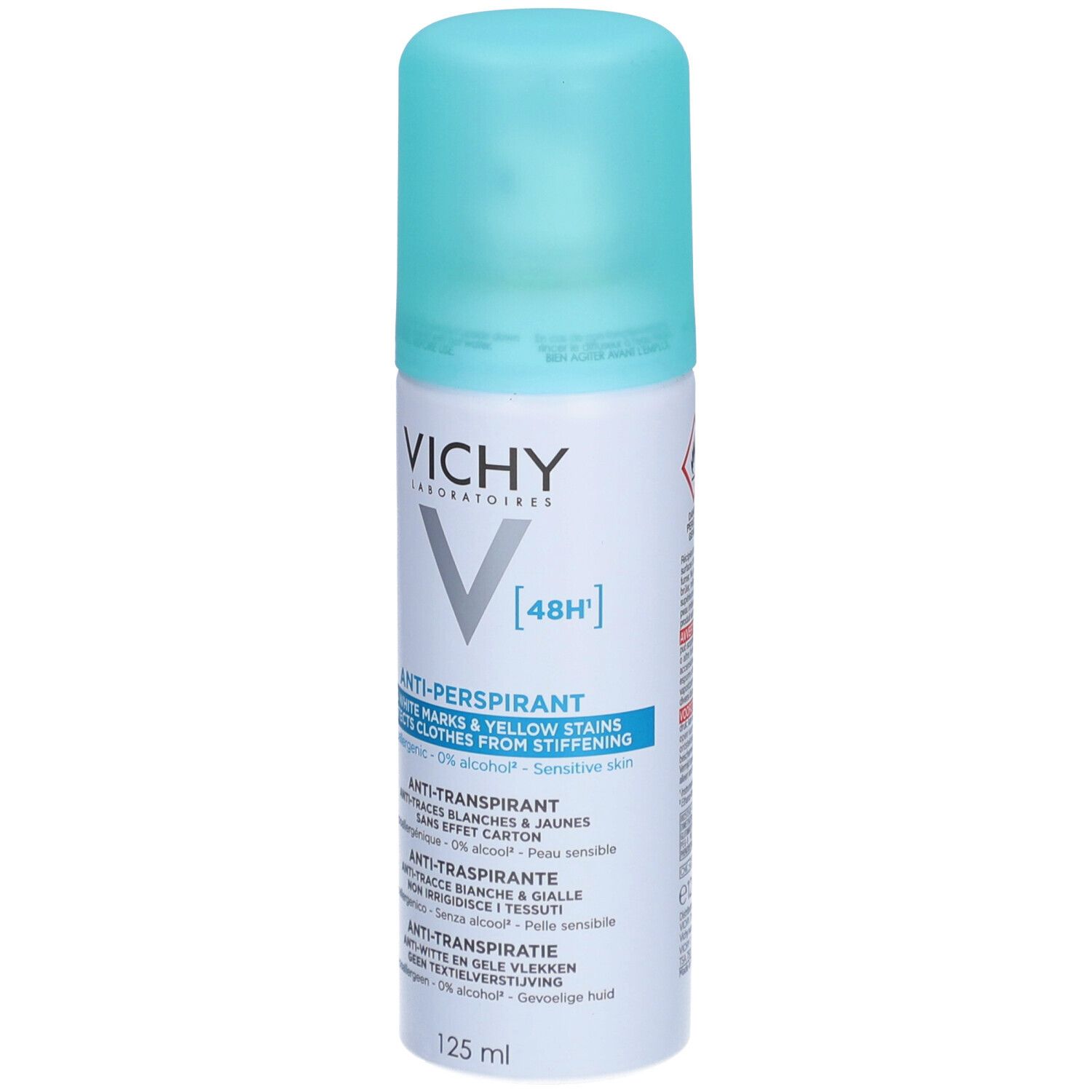 Vichy Anti-Transpirant Déodorant 48H. Bouteille blanche avec bouchon bleu. Inscriptions et logo du produit.