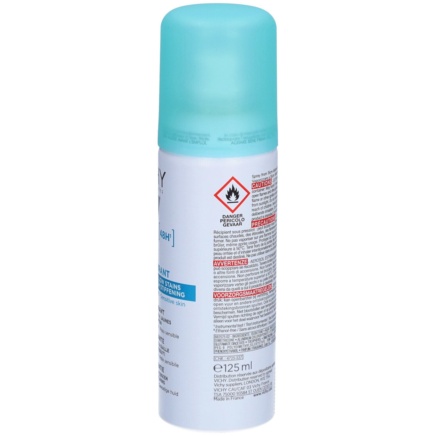 Dos de la bouteille Vichy Anti-Transpirant Déodorant 48H. Avertissements et informations produit.
