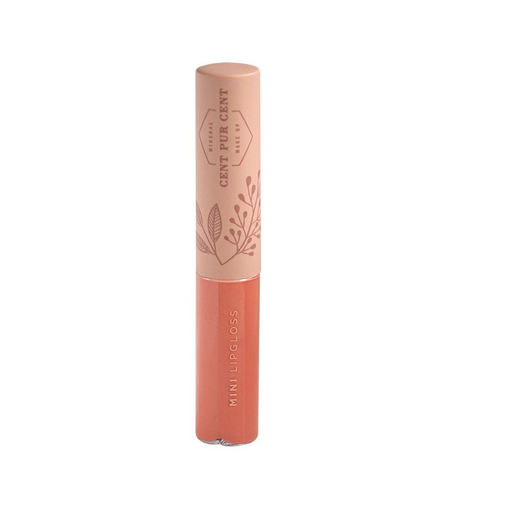 Bâton de mini gloss à lèvres rose. Inscription : Cent Pur Cent. Bâton beige à motifs floraux. Extrémité rose du rouge à lèvres.