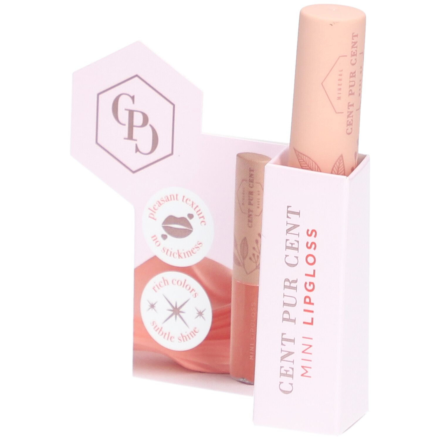 Mini Lipgloss in rosa Verpackung. Aufdruck: Cent Pur Cent Mini Lipgloss. Aufklappbare Verpackung mit Produktabbildung.