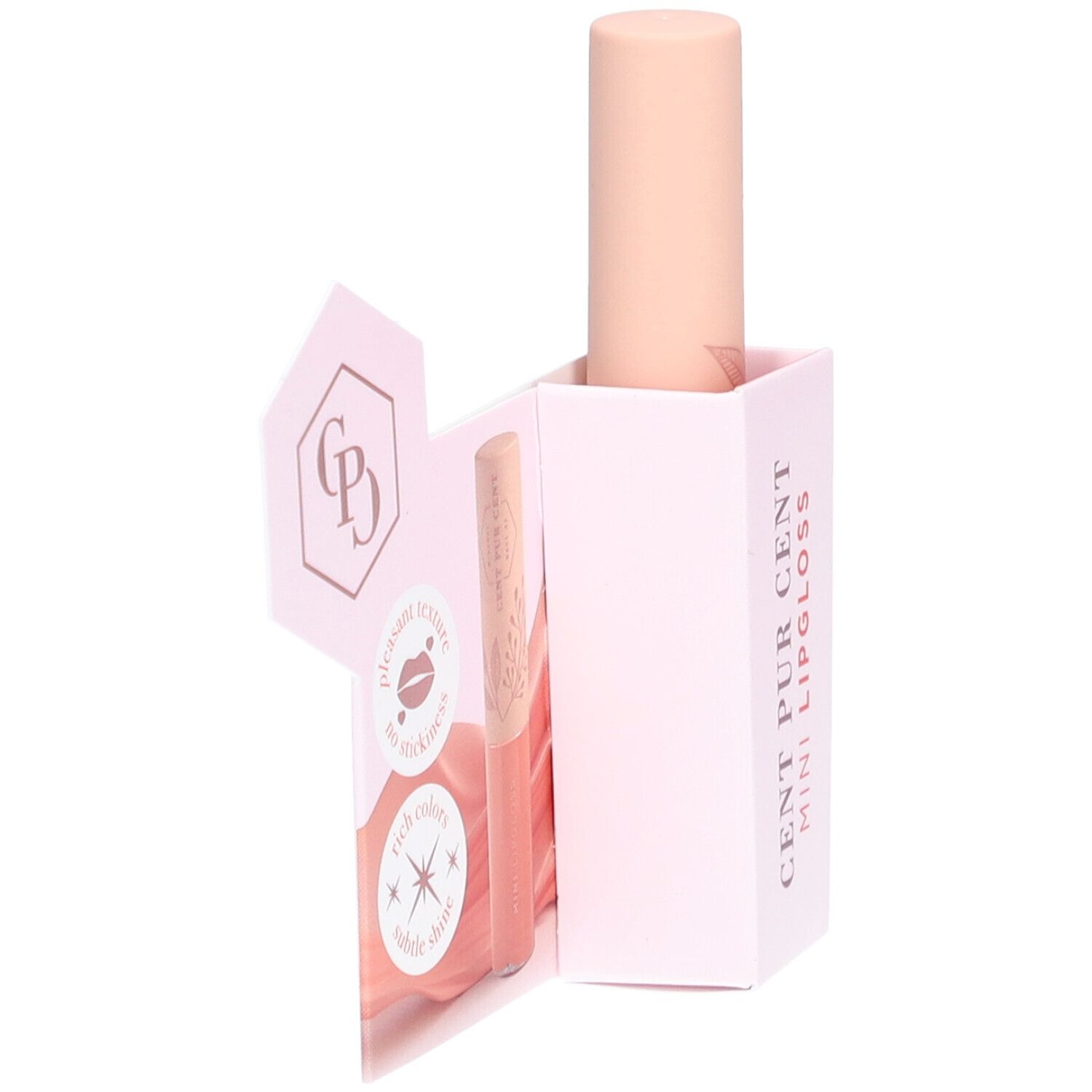 Mini Lipgloss in rosa Verpackung. Aufdruck: Cent Pur Cent Mini Lipgloss. Geöffneter Karton mit Lipgloss-Stift.