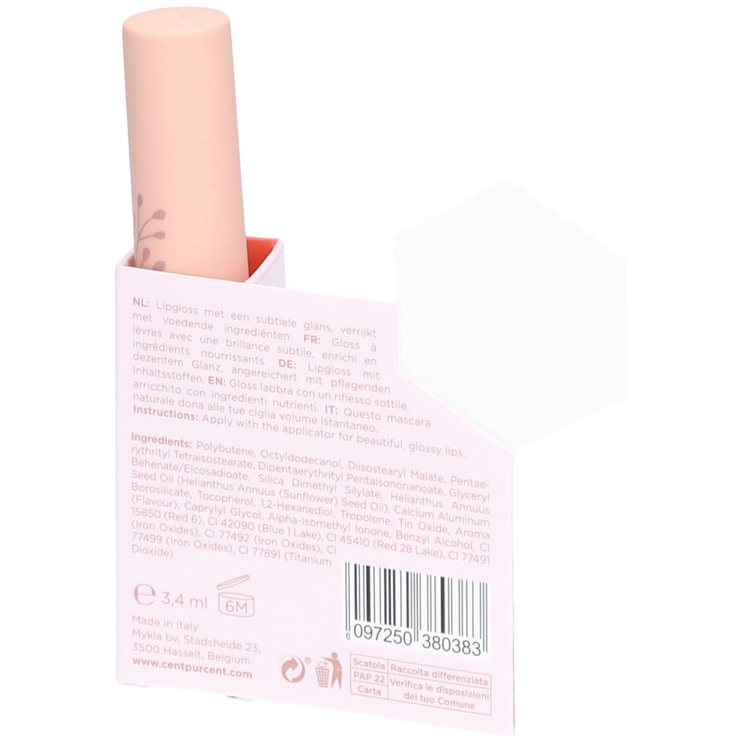 Mini Lipgloss-Stift in rosa Verpackung. Aufdruck: Cent Pur Cent. Rückseite der Verpackung mit Inhaltsstoffen und Informationen.
