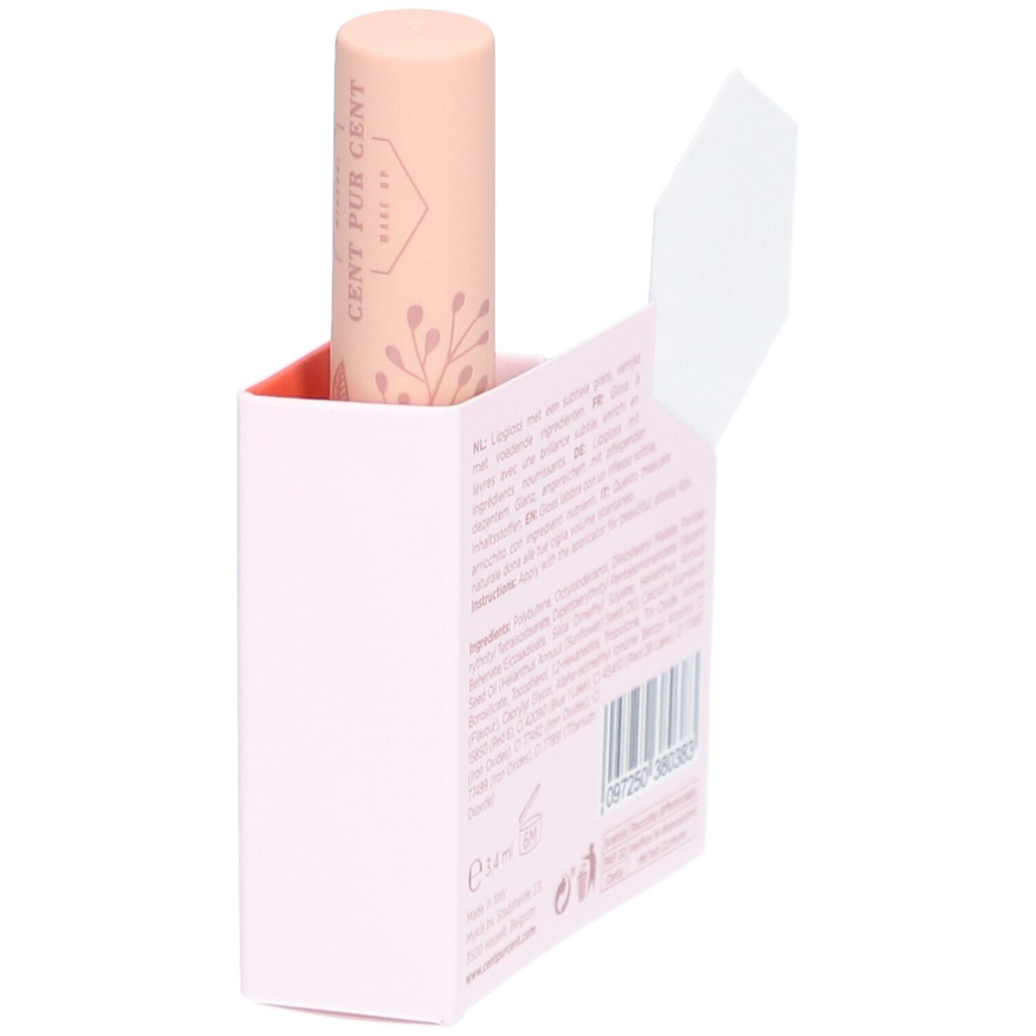 Mini Lipgloss-Stift in rosa Verpackung. Aufdruck: Cent Pur Cent. Rückseite der Verpackung mit Inhaltsstoffen und Informationen.