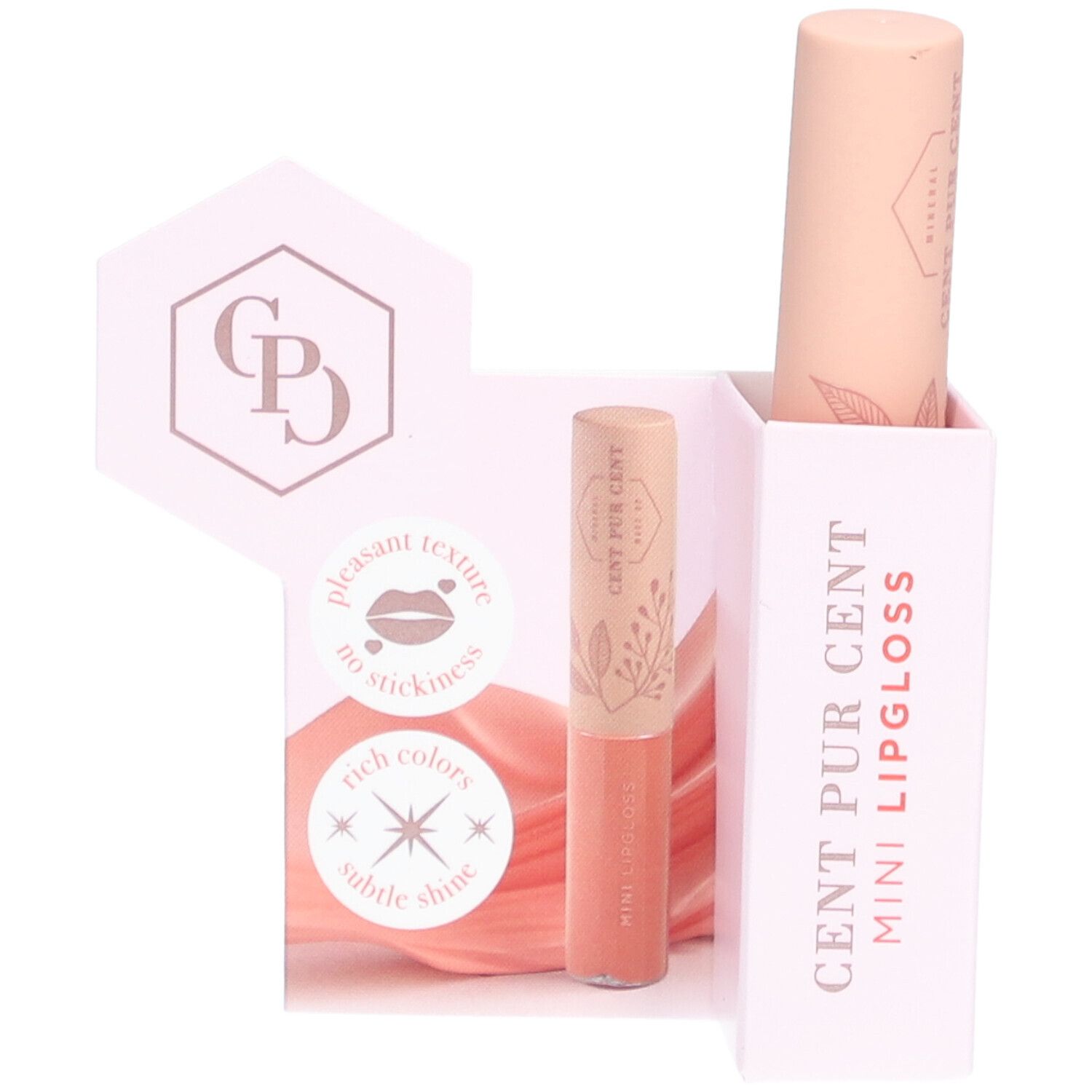 Mini Lipgloss in rosa Verpackung. Aufdruck: Cent Pur Cent Mini Lipgloss. Geöffneter Karton mit Lipgloss-Stift und -Fläschchen.