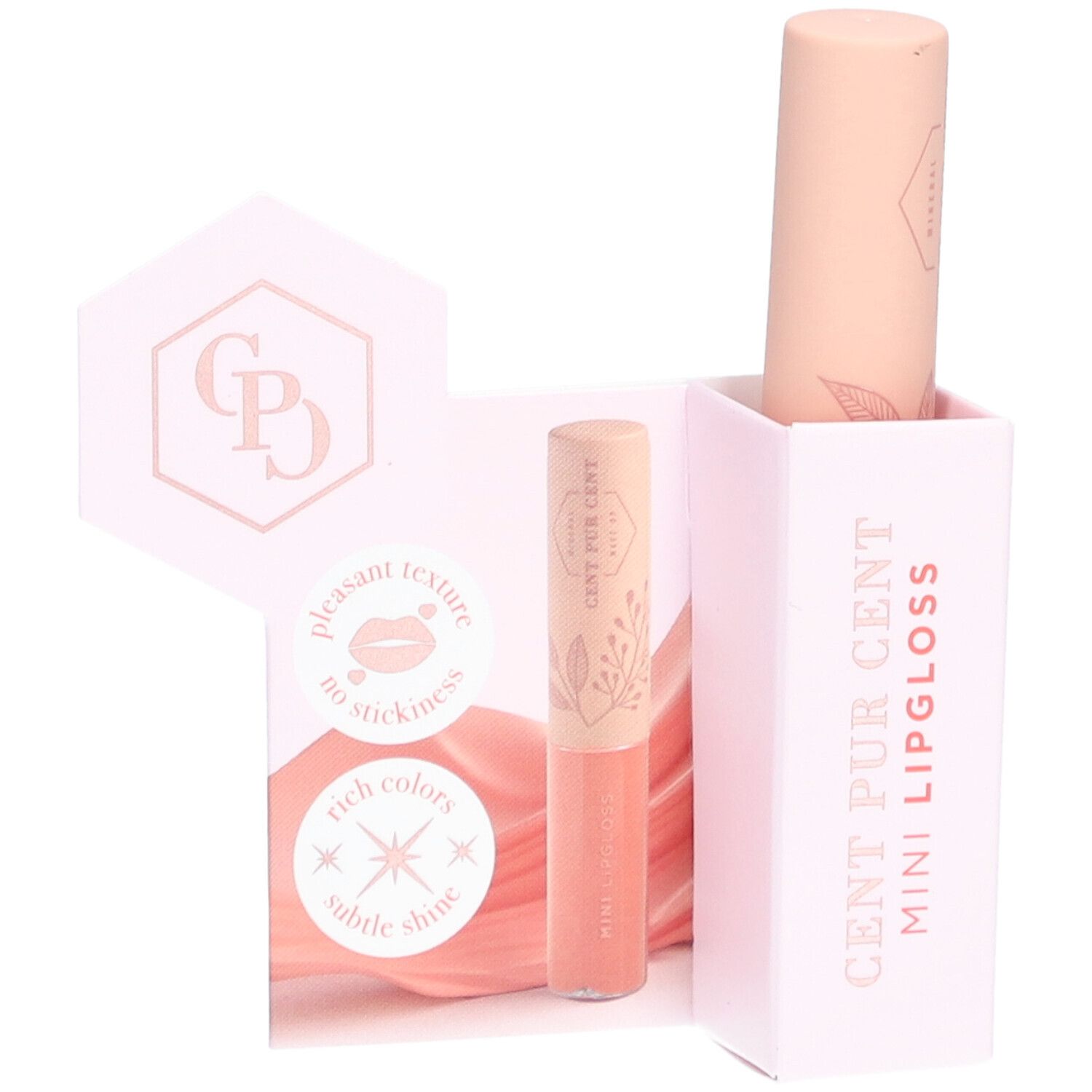 Mini Lipgloss in rosa Verpackung. Aufdruck: Cent Pur Cent Mini Lipgloss. Geöffneter Karton mit Lipgloss-Stift und -Fläschchen.