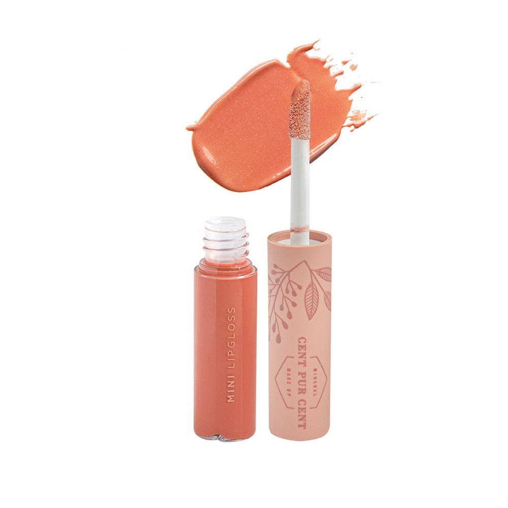 Flacon et applicateur de mini gloss à lèvres. Inscription : Mini Lipgloss. Gloss à lèvres teinté rose. Échantillon de produit sur fond blanc.