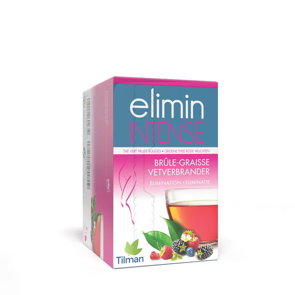Boîte de thé avec nom du produit et illustration de fruits et de thé. Marque Tilman.