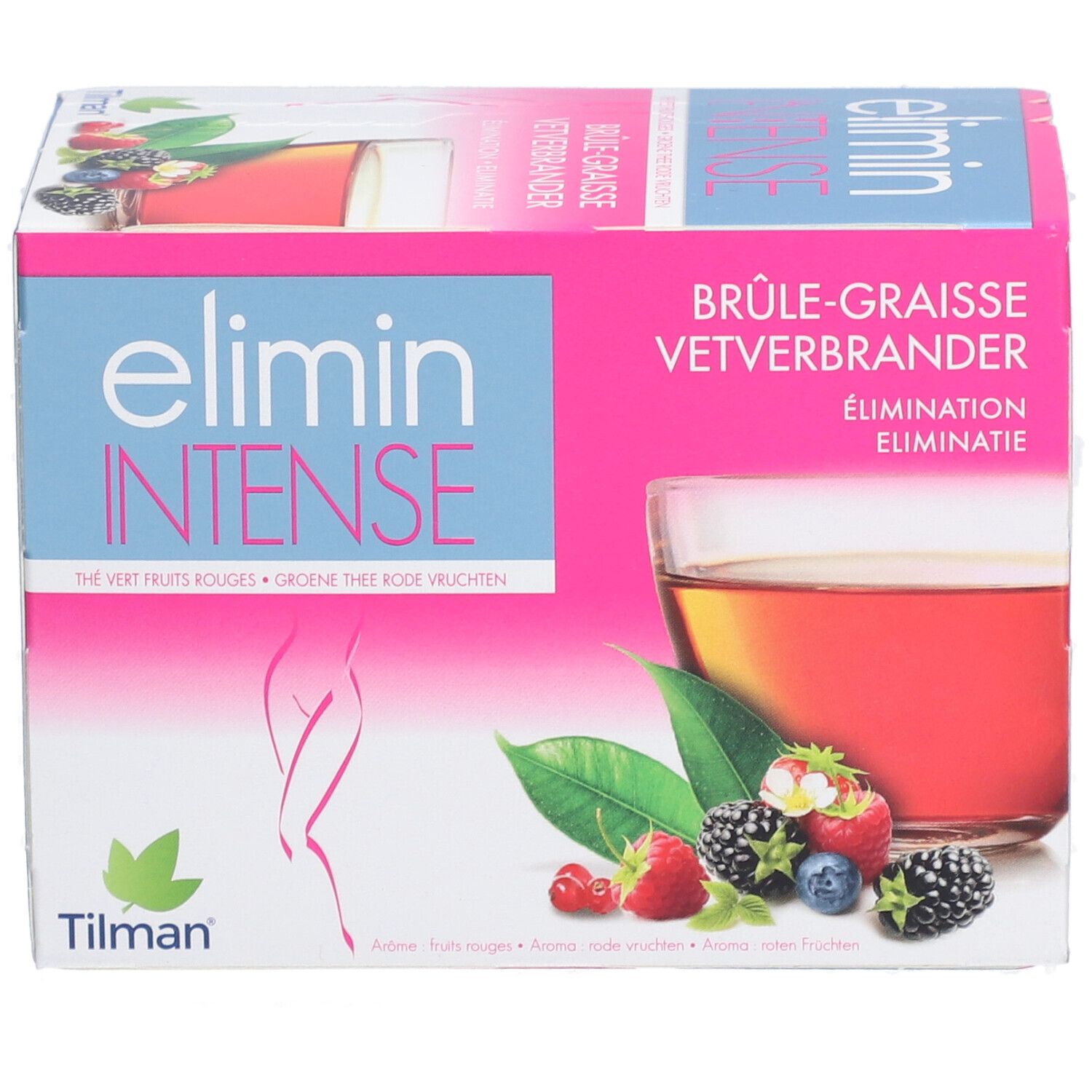 Boîte de thé avec nom du produit et illustration de fruits et de thé. Marque Tilman.