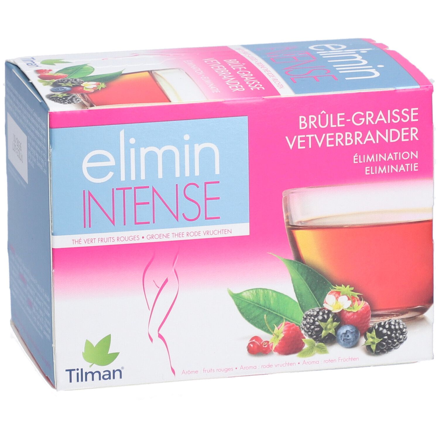 Boîte de thé avec nom du produit et illustration de fruits et de thé. Marque Tilman.