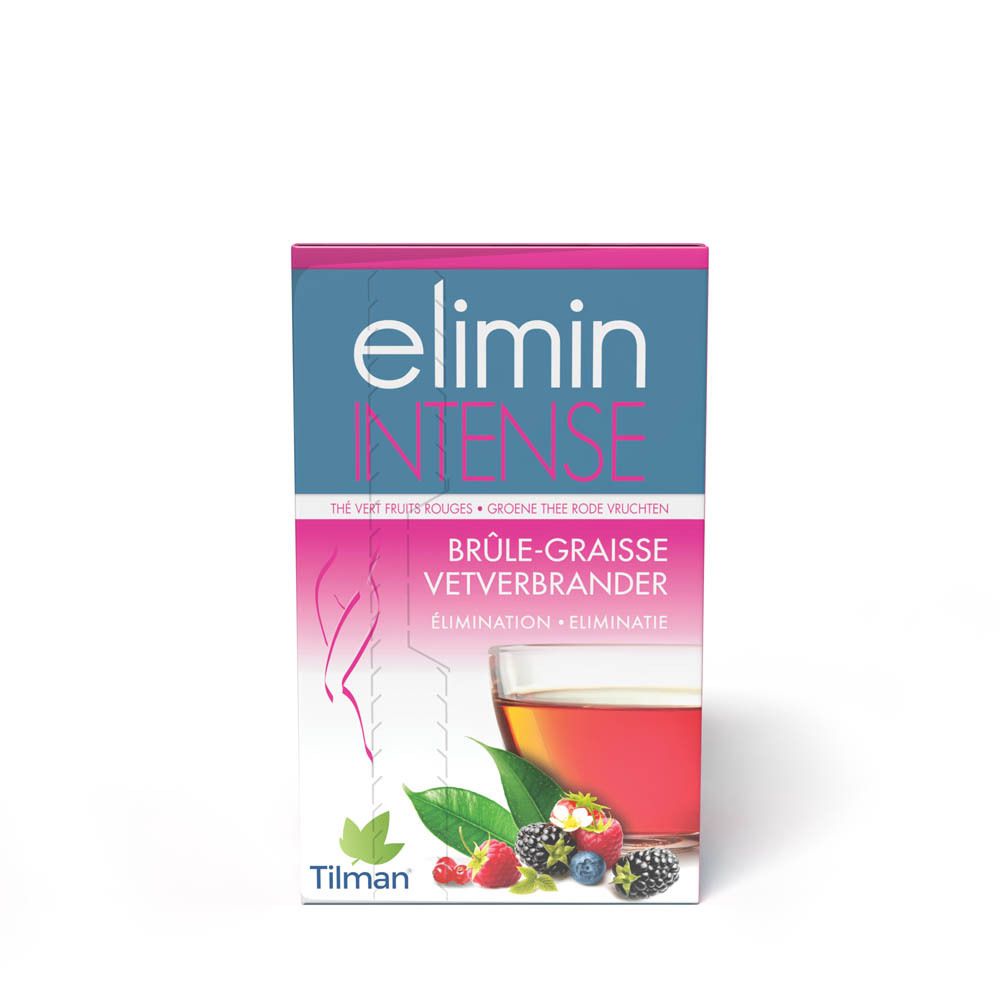 Boîte de thé avec nom du produit et illustration de fruits et de thé. Marque Tilman.
