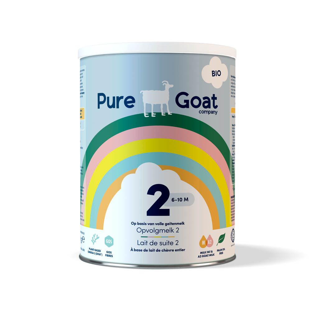 Blik opvolgmelk 2 Bio, 6-12 mnd. Geitenlogo, regenboog. Opschrift: Pure Goat Company.