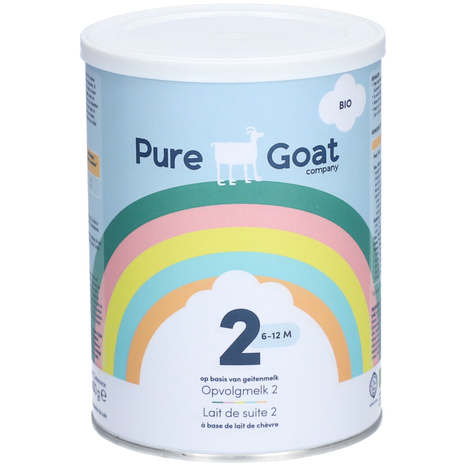 Blik Bio opvolgmelk 2, 6-12 maanden. Regenboogontwerp, geitenlogo. Opschrift: Pure Goat Company.