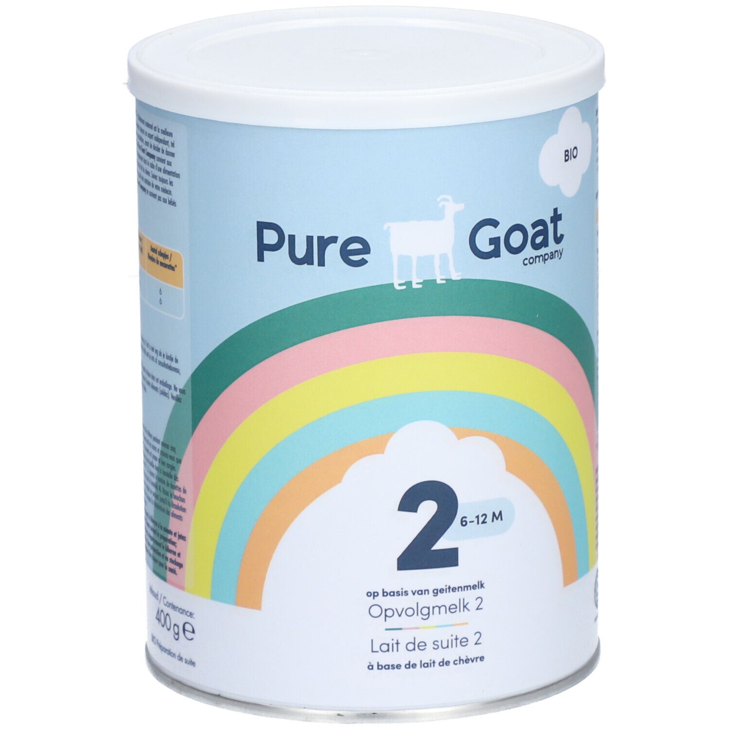 Blik Bio opvolgmelk 2, 6-12 maanden. Regenboogontwerp, geitenlogo. Opschrift: Pure Goat Company.