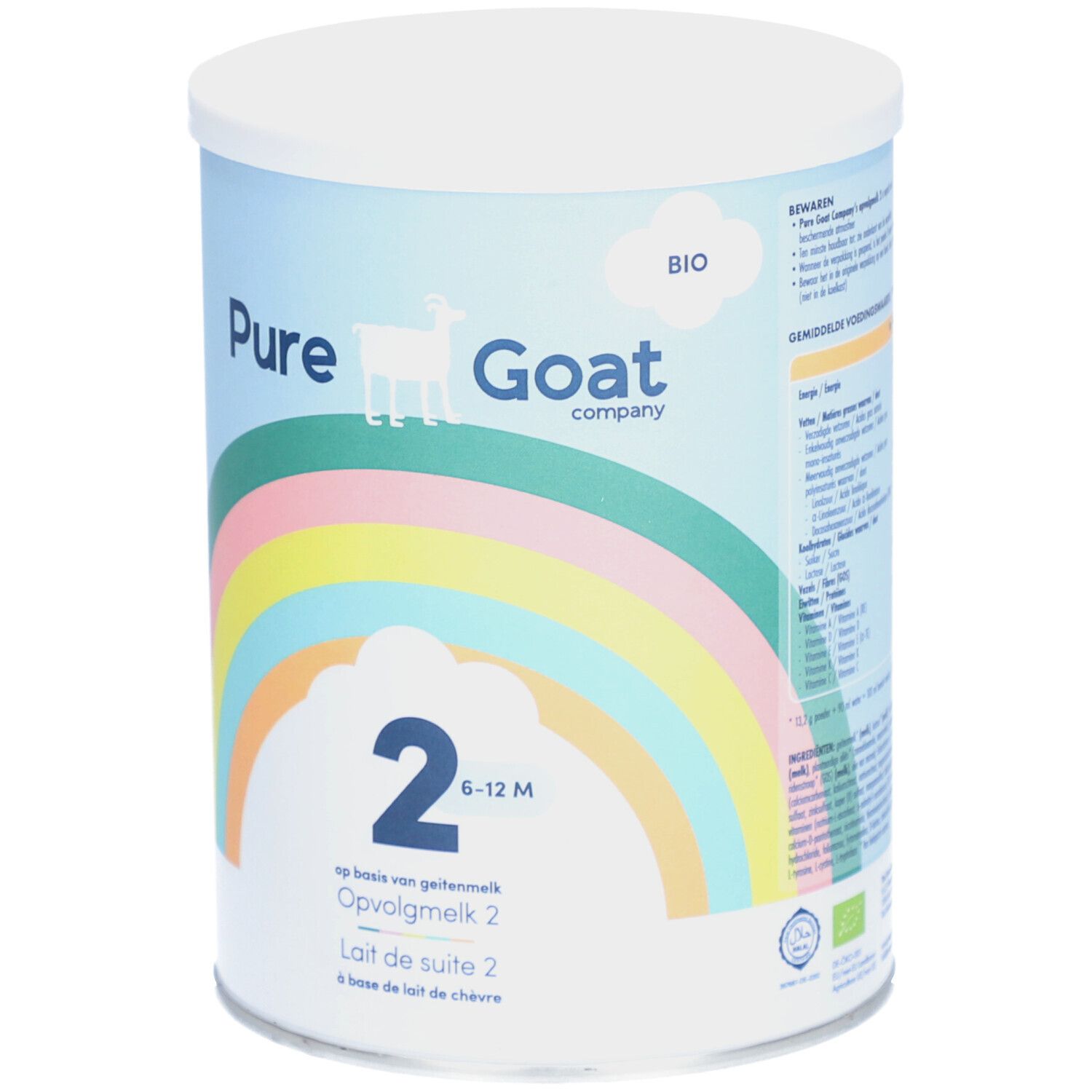 Blik Bio opvolgmelk 2, 6-12 maanden. Regenboogontwerp, geitenlogo. Opschrift: Pure Goat Company.