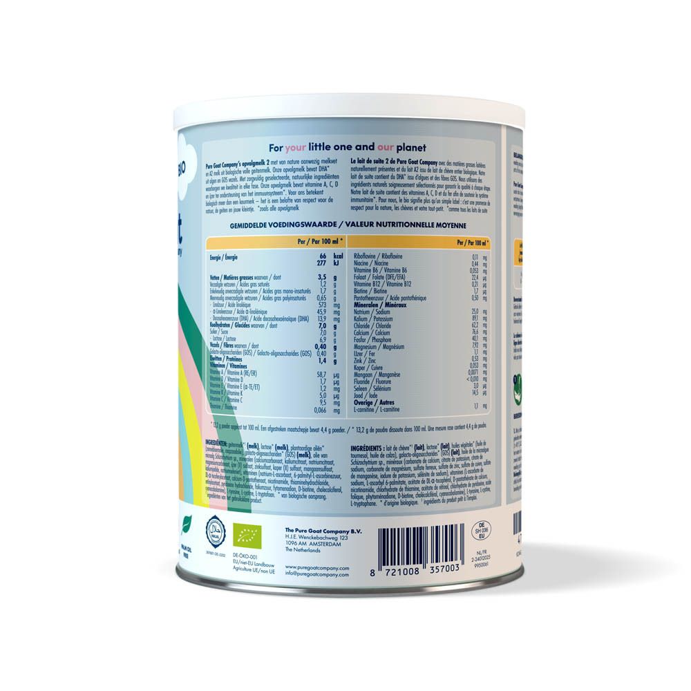 Achterkant blik opvolgmelk 2 Bio. Voedingstabel, ingrediënten, bereiding.
