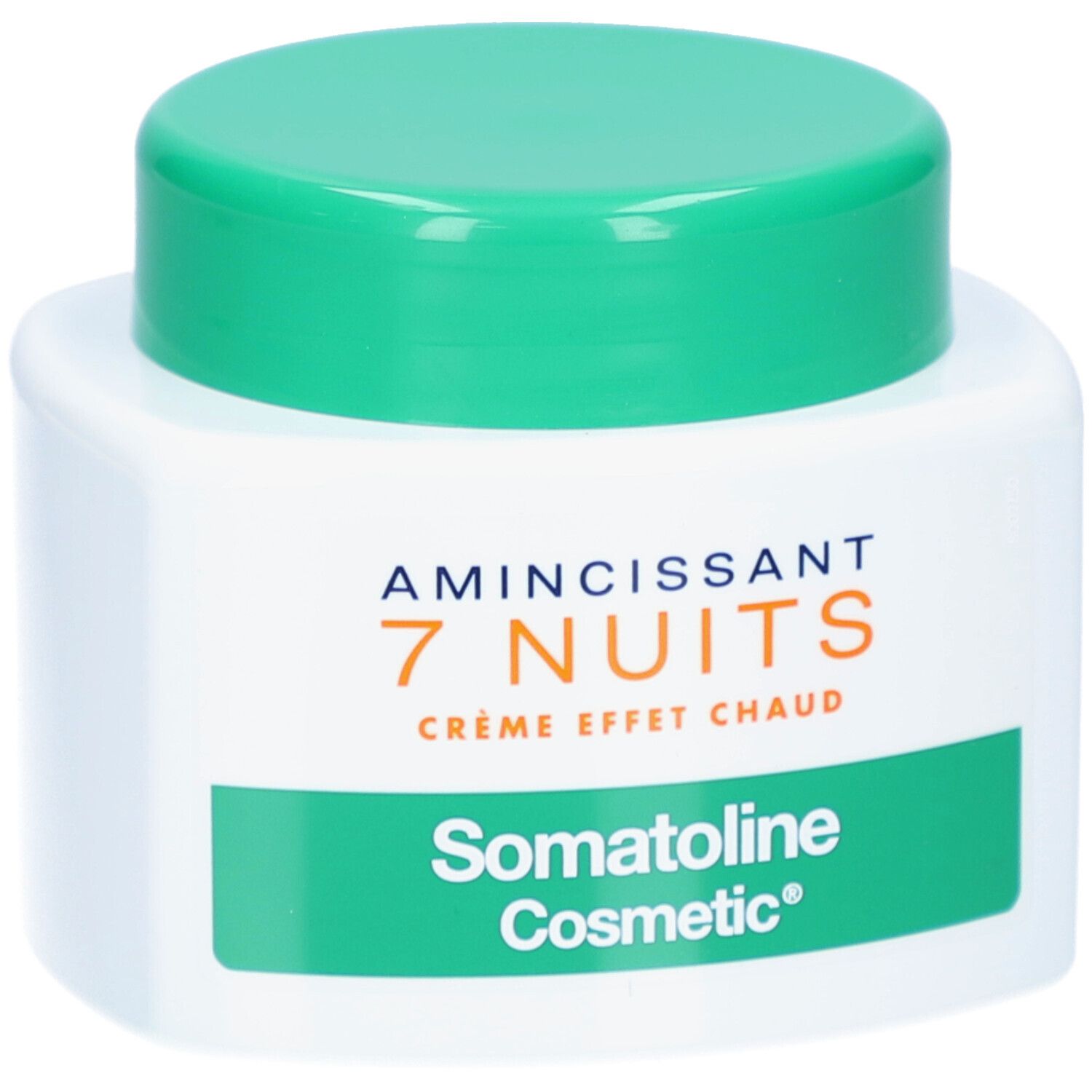 Weißer Tiegel mit grünem Deckel. Aufschrift: Amincissant 7 Nuits, Crème Effet Chaud, Somatoline Cosmetic.