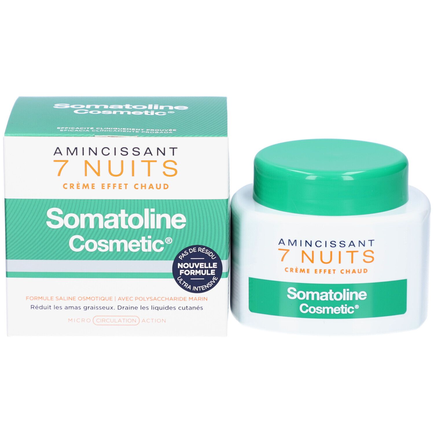 Produktverpackung und Tiegel. Aufschrift: Amincissant 7 Nuits, Crème Effet Chaud, Somatoline Cosmetic.
