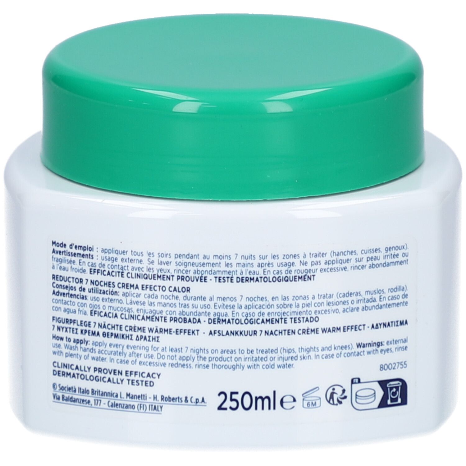 Rückseite des weißen Tiegels mit grünem Deckel. Text in mehreren Sprachen. Aufschrift: Clinically Proven Dermatologically Tested.